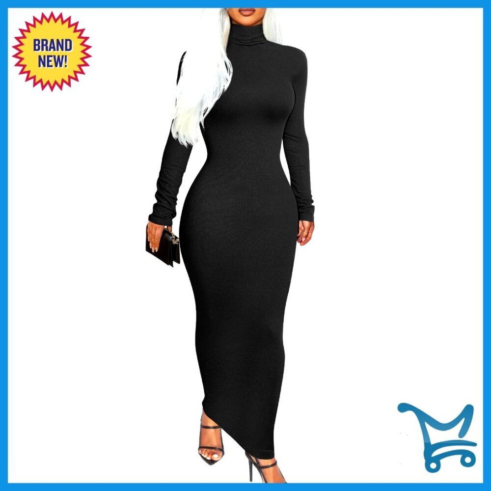 Ribbed Turtleneck Bodycon Dress Long Sleeve Slim Fit Classic Minimal Chic